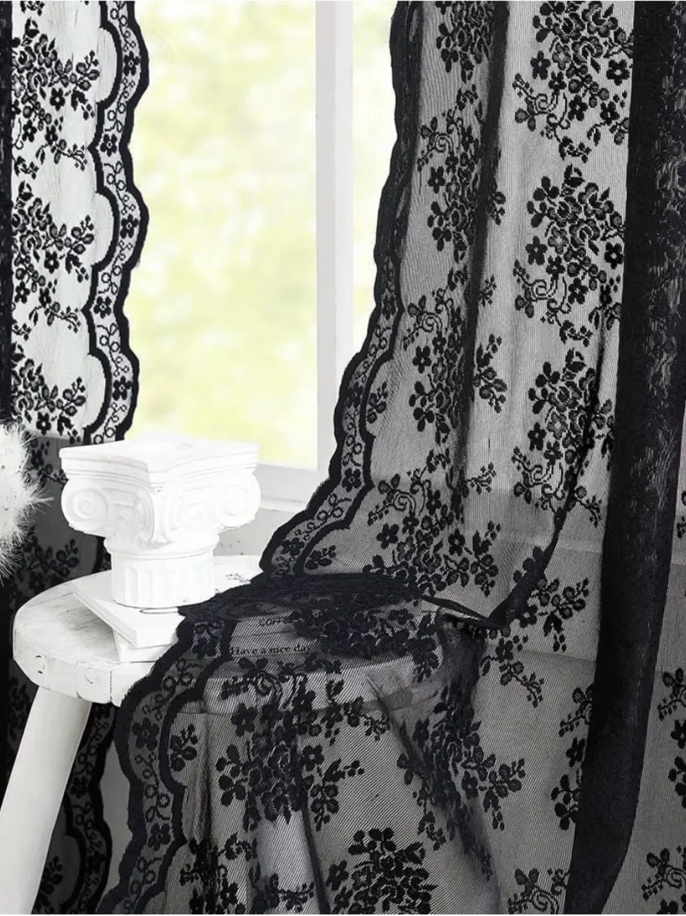 Black Lace Sheer Curtain Panel - Elegant Home Accents